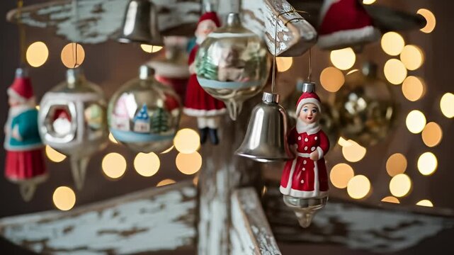 Rustic Christmas tree display, with vintage ornaments and soft glowing bokeh lights background - Powered by Adobe