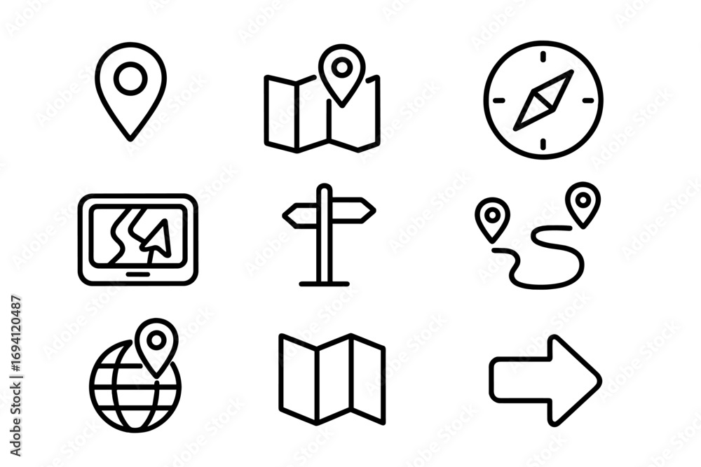 Poster navigation line icon set. gps direction, map pointer and travel icons outline collection. location p