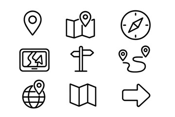 Navigation line icon set. Gps direction, map pointer and travel icons outline collection. Location pin, route, destination, journey and compass sign symbol for web.