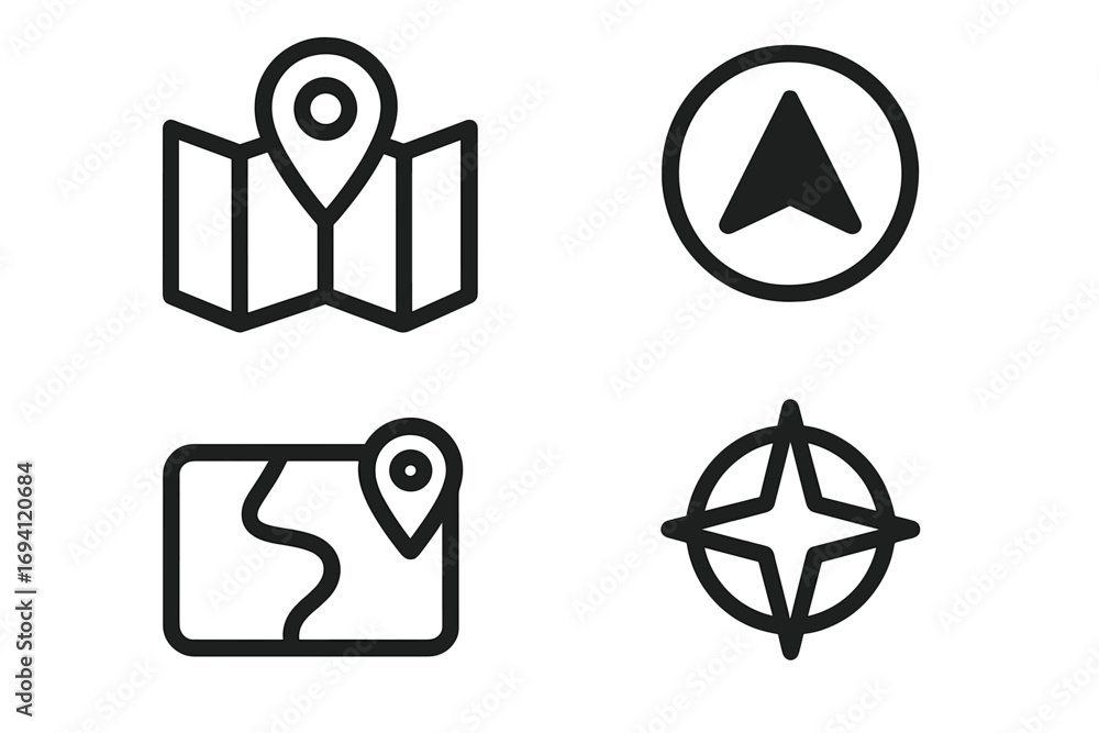 Fototapete navigation and map outline icon set. minimal linear icons for location, direction, and travel. gps p
