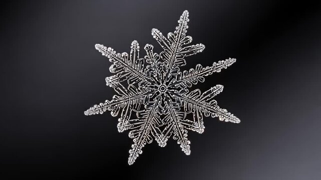 Detailed close-up of a single, intricate snowflake on a gradient gray background