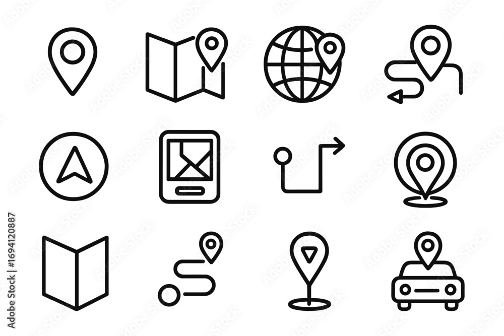Aufkleber navigation maps line icon set. gps location, direction, and route symbols. map pin, destination poin