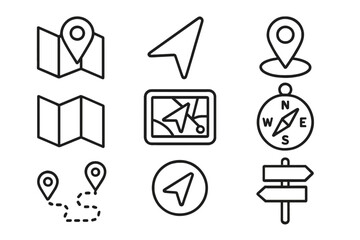 Navigation map outline icon set. GPS direction, travel, and location concepts. Vector cartoon illustration of pin, pointer, compass, route, destination, and signpost.