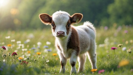 Obraz premium Adorable brown and white calf standing in colorful wildflower meadow with soft natural lighting and bokeh background