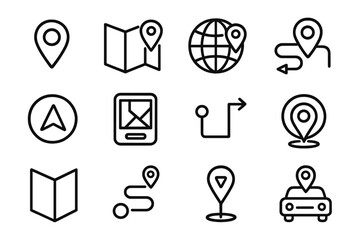 Navigation maps line icon set. GPS location, direction, and route symbols. Map pin, destination pointer, globe, and travel path vector collection for app and web design.