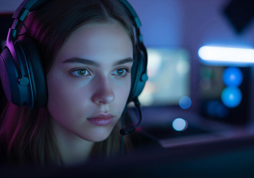 Girl gamer is intensely focused on computer screen, illuminated by neon glow. Wearing gaming headset with microphone. Concentration and dedication common in the gaming community and esports culture - Powered by Adobe