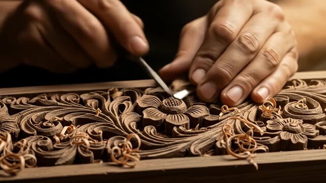 Hands skillfully carving intricate floral designs into dark wood with chisel tool