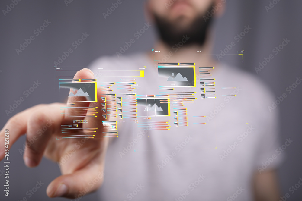 Aufkleber close-up of a man interacting with a digital interface, showcasing modern technology and user experi