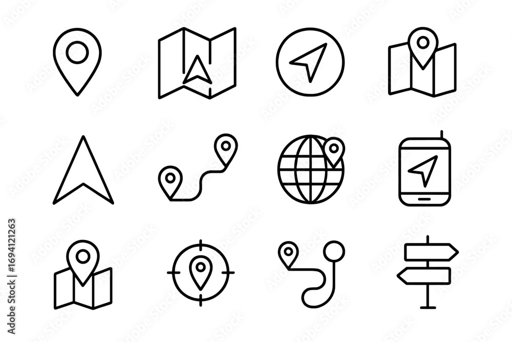 Poster navigation and gps line icon set. thin line vector symbols for travel, map, and direction. concepts 