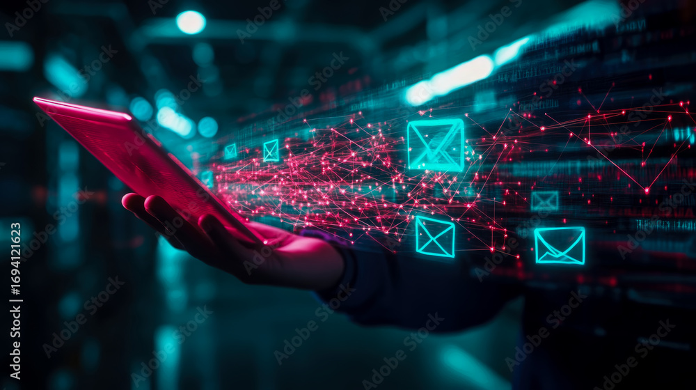 Poster close-up of hand holding glowing red digital tablet, projecting intricate network of data and vibran