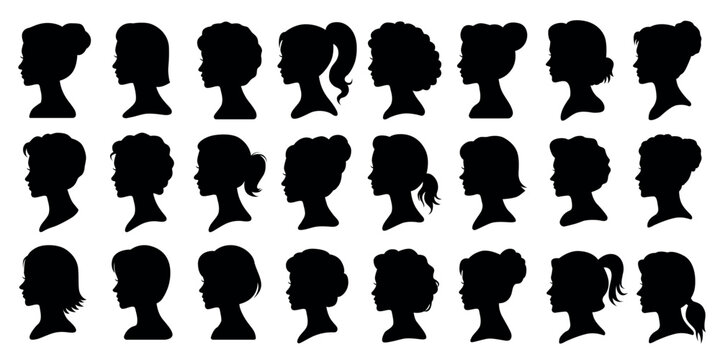 Cameo female silhouettes vector set, elegant woman profile faces, vintage style black portrait icons