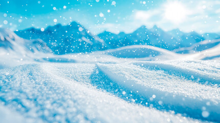 Majestic winter wonderland landscape with pristine snow dunes, distant mountains, and glistening snowflakes under bright blue sky, evoking serene and frosty atmosphere.