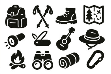 Outdoor adventure icons set. Hiking gear and camping equipment silhouette. Vector illustration for trekking, travel, and exploration. Backpack, boot, map, and campfire symbols.