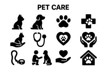 Pet care silhouette icon set. Animal, veterinary, adoption, shelter, rescue icons. Dog, cat, paw, heart, stethoscope symbols. Vet clinic, charity, animal welfare concept.