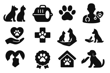 Pet care icon set. Vector silhouettes for animal care concepts. Veterinary, adoption, shelter, rescue, charity, and pet shop symbols. Dog, cat, paw, and vet clinic elements.
