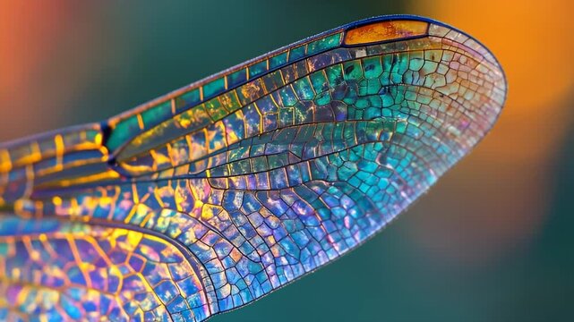 Dragonfly's iridescent wing detail cell structure glistens with orange, blue, green hues