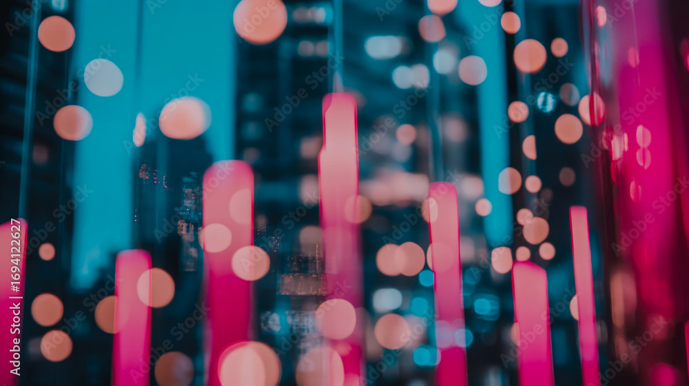 Poster vibrant neon light abstract with glowing magenta bars and shimmering teal bokeh circles, creating dy
