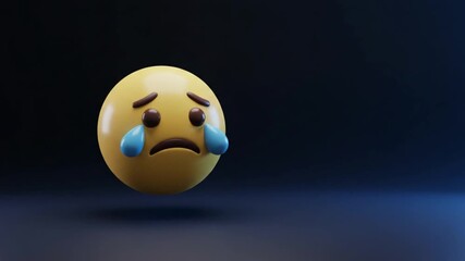 A three-dimensional rendering of a yellow crying emoji with large tears on a dark background. - Powered by Adobe