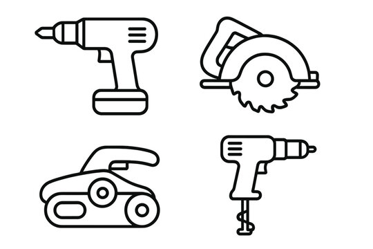 Power tools outline icon set. Drill, circular saw, belt sander, and mixer vector icons. Workshop equipment for carpentry, repair, and home improvement. Line art illustration.