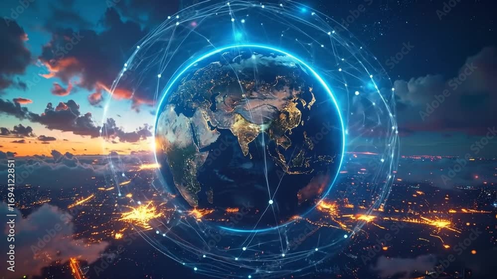 Poster global network visualization: earth illuminated by connected technology systems