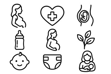Pregnancy and maternity line icon set. Motherhood and newborn baby care outline icons. Health, wellness, parenting concepts. Pregnant woman, fetus, diaper, bottle vector signs.