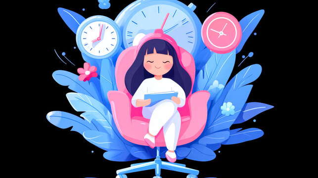Vector illustration of serene young woman enjoying book in cozy chair, encompassed by clocks and vibrant foliage, representing mindful time management and personal growth