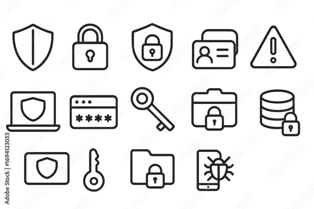 Poster cybersecurity line icon set. data protection, privacy, and encryption concepts. network safety, pass