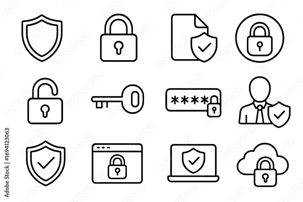 Poster security and data protection line icon set. vector outline icons for cyber safety, privacy, and encr