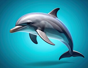 Fototapeta premium A sleek, grey dolphin leaps gracefully against a vibrant turquoise background, showcasing its streamlined form and playful nature.