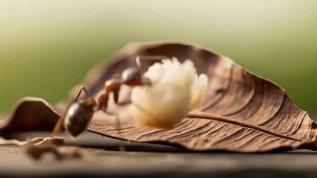 An ant carrying a crumb, stands next to a dry leaf against blurred background