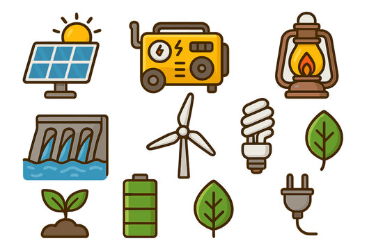 Renewable energy icon set with solar panel, wind turbine, and hydro power. Green electricity and sustainability concepts. Vector cartoon collection of power generation items.