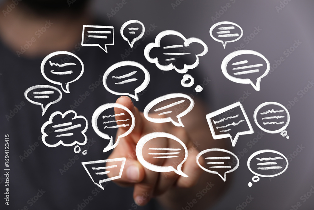 Poster abstract image of speech bubbles representing communication and networking.