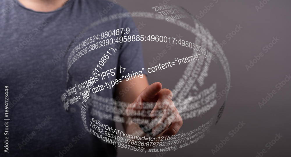 Poster a person interacts with a futuristic digital interface, showcasing lines of code and data.