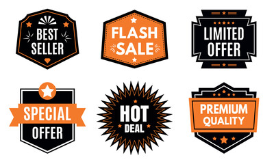 Flash sale badges vector, hot deal icons, premium quality labels pack