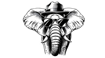 Vintage engraving isolated elephant glasses dressed fashion set illustration ink sketch. African bishop background animal silhouette sunglasses hipster hat art. Black and white hand drawn vector image
