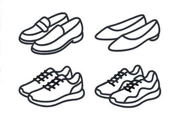 Shoe styles icon set with loafers, flats, and sneakers. Footwear outline collection. Vector cartoon illustration of classic, casual, and sport shoes for men and women.