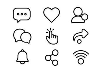 Social media line icon set. Communication, interaction, connectivity essentials. Vector outline symbols for app and website UI UX design. Like, share, follow, comment icons.