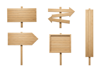 Four distinct empty wooden signs (various shapes), natural wood tones, on posts, isolated on transparent high-key background with soft shadows, concept of customizable opportunity