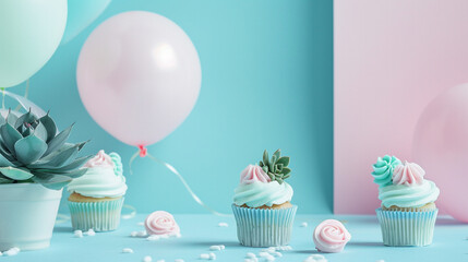 Pastel celebration scene with pink and blue balloons, frosted cupcakes on a white stand, succulents in pots, and delicate decorations, creating a cheerful, modern, and sweet party atmosphere full of c