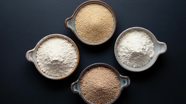 Four bowls of different flours and seeds arranged on a dark surface from overhead