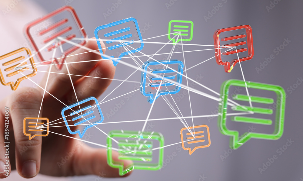 Poster image of interconnected message bubbles, symbolizing global communication and networking.