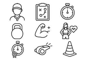Sports coaching & fitness line icon set. Personal trainer, workout, gym & health care outline icons. Vector symbols of strategy, stopwatch, kettlebell, whistle & muscle gain.