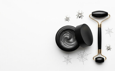 Fototapeta premium Flatlay Skincare Container Mockup With Facial Roller Halloween Style (Item1)