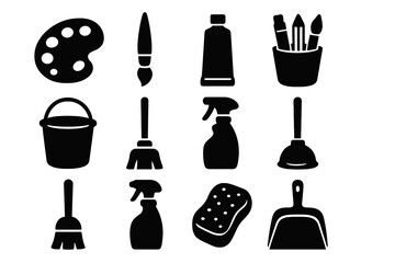Art supplies versus cleaning tools silhouette icon set. Vector collection comparing creative hobby and household chores. Paint, brush, palette, broom, sponge icons.