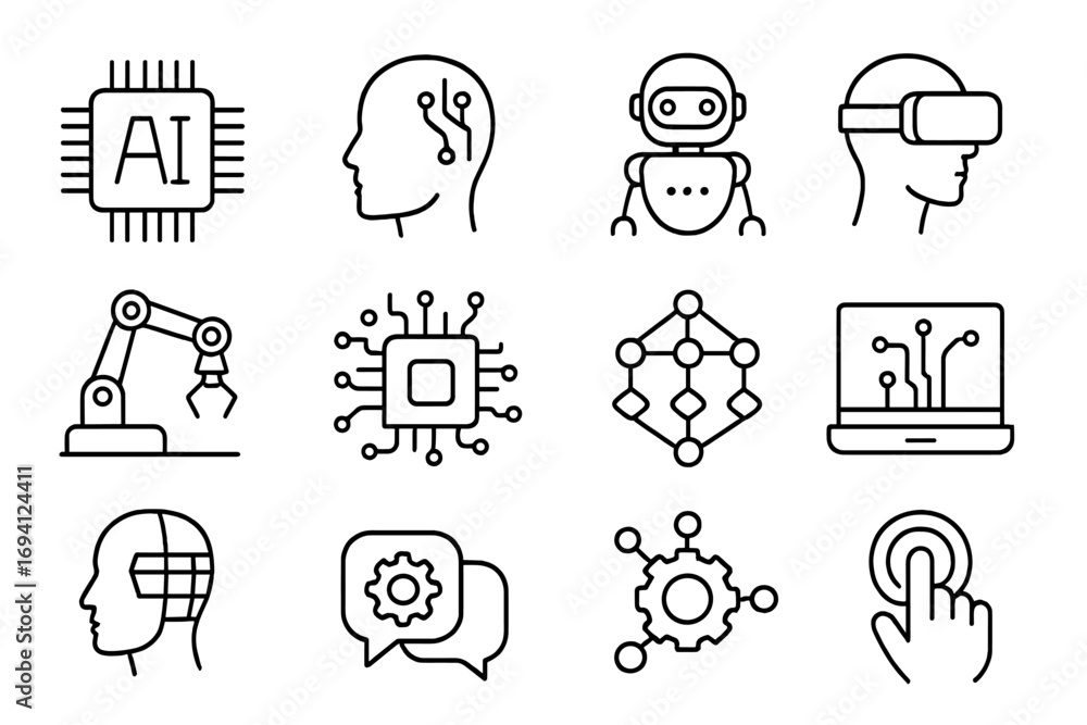 Fototapete ai technology linear icon set. artificial intelligence, machine learning, robotics, vr concepts. mic