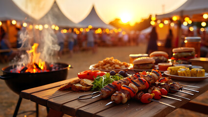 Delicious grilled skewers and burgers served at a lively outdoor summer festival with tents and string lights at sunset creating a warm inviting atmosphere