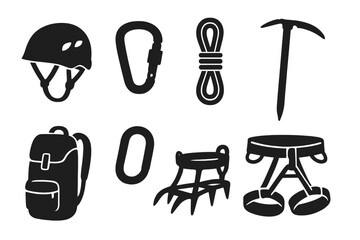 Mountain climbing gear silhouette icon set. Vector illustration for outdoor adventure, hiking, and mountaineering. Equipment includes rope, helmet, carabiner, ice axe, and harness.