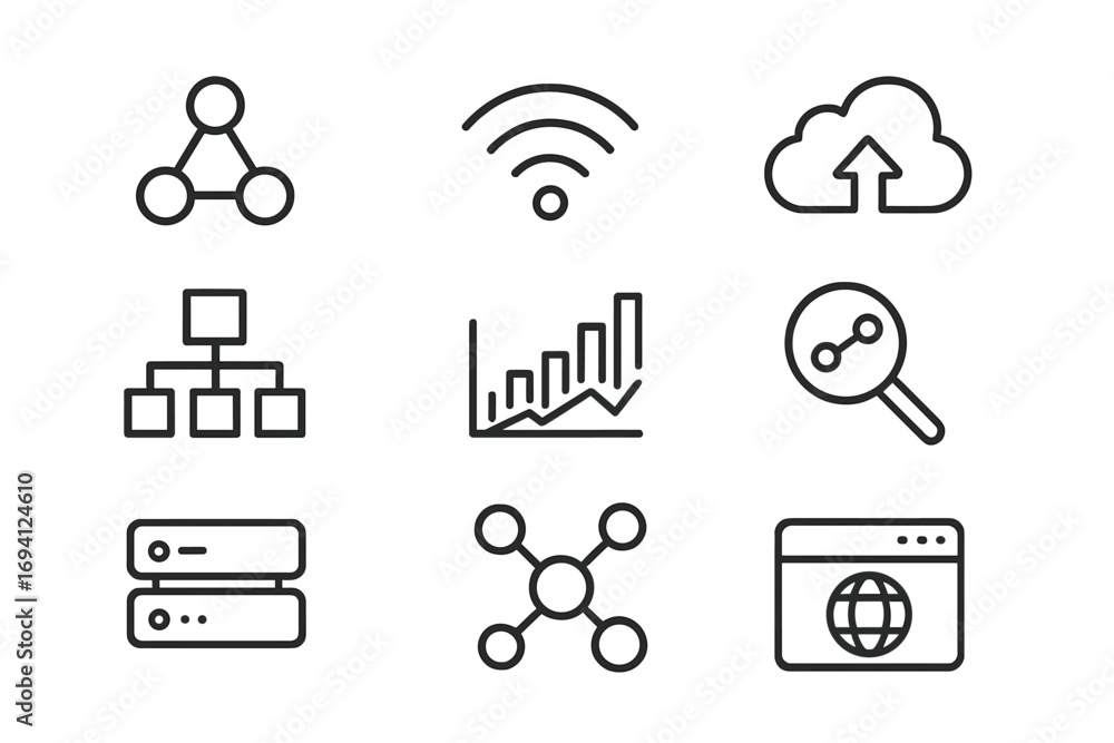 Poster technology and connectivity line icon set. network, data analysis, web outline symbols. vector for c