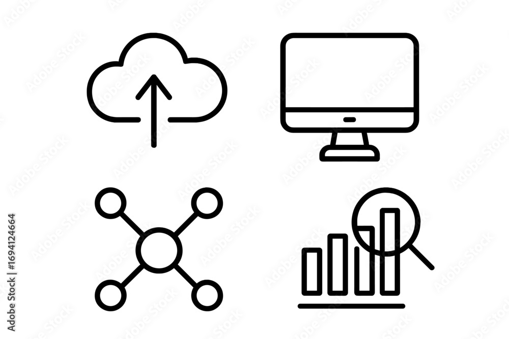 Poster technology line icon set. connectivity, cloud upload, network, data analysis outline symbols. vector