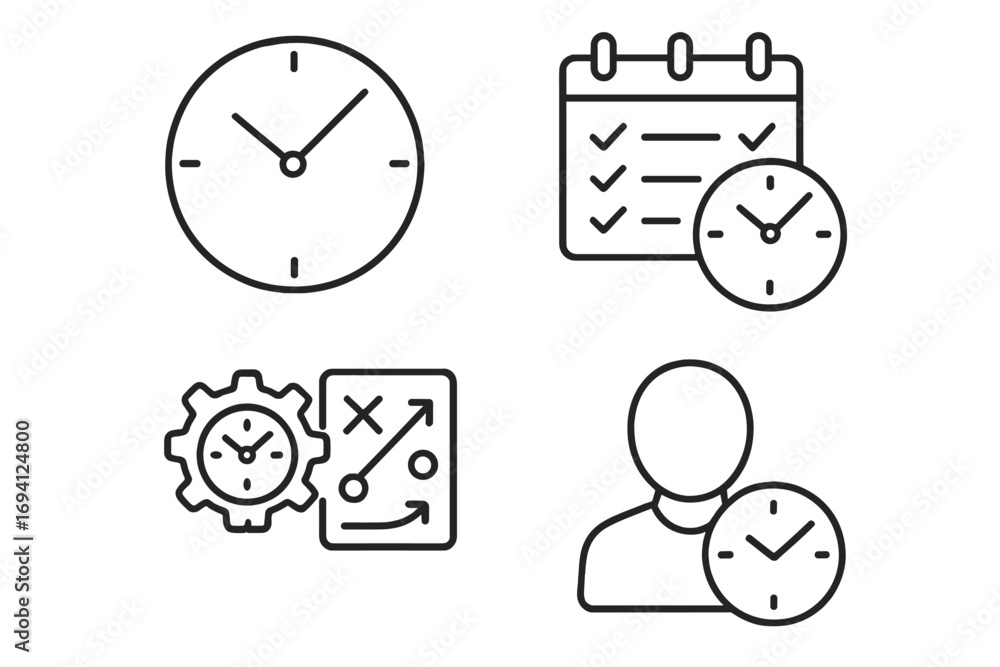 Poster time management linear icon set. clock, schedule, and productivity tools. business planning and stra